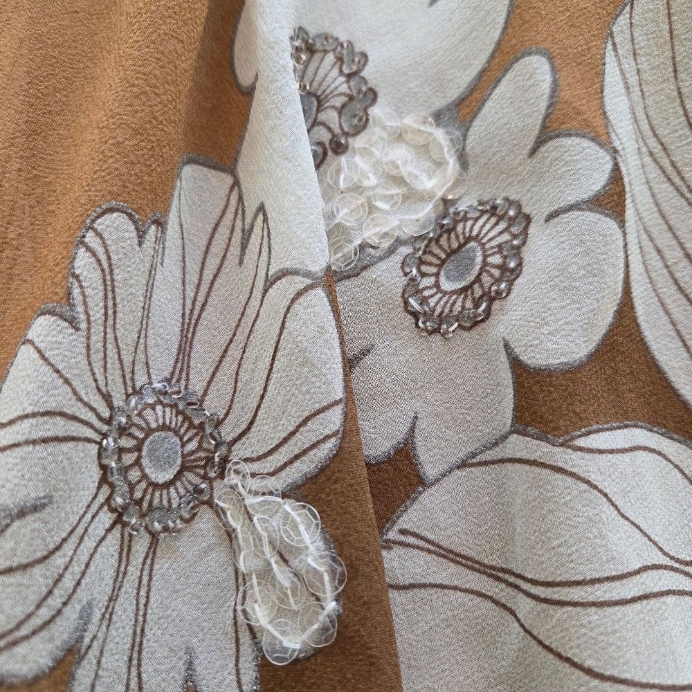 Vintage Spiegel Silk Tan/ Cream Floral Strapless Women's Dress Flounce Midi 4 - Picture 4 of 12